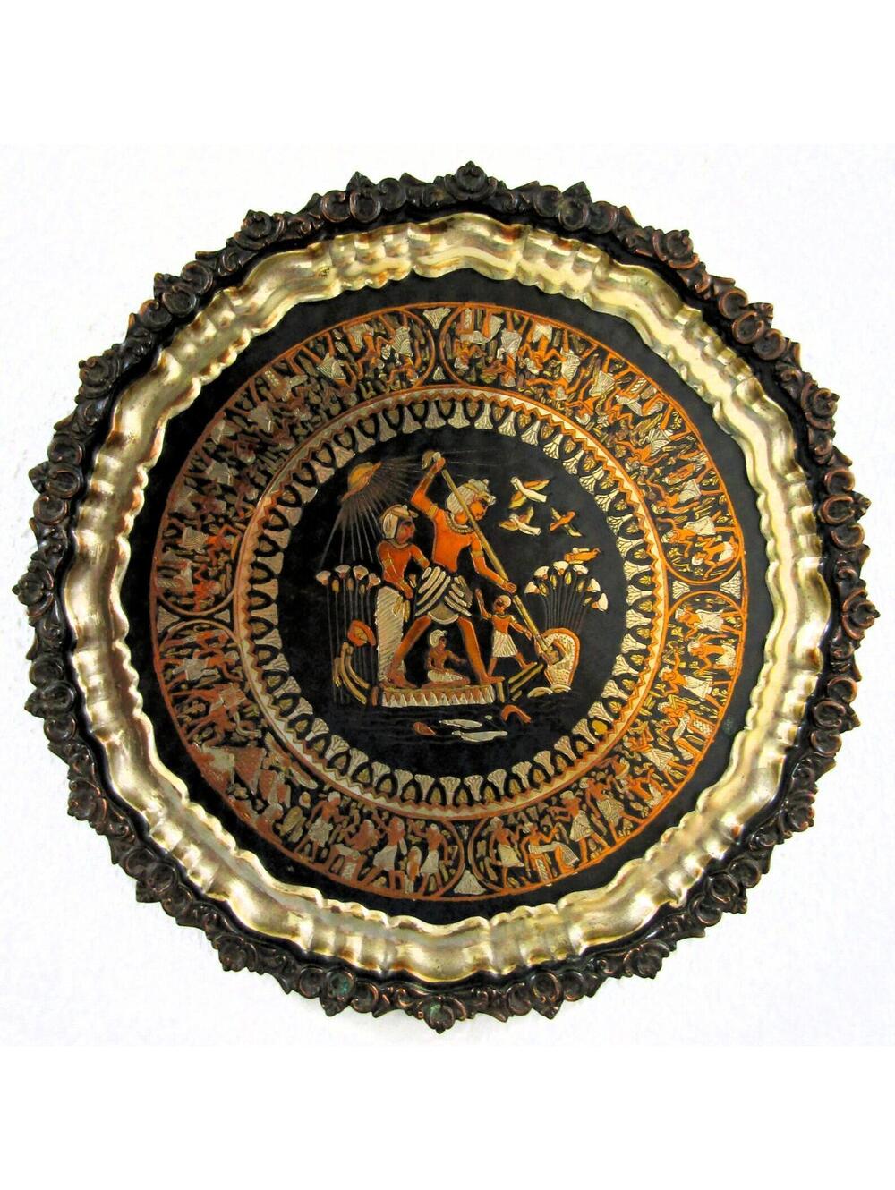 Vintage Egyptian Silver Metal Round Serving Tray Wall Plaque Engraved Patterns